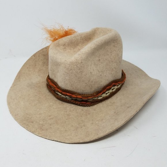 Always on Top hat tan speckled Virgin Wool cowboy with orange‎ feather/band 7 - Picture 3 of 7
